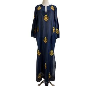 Tory Burch Embroidered Cotton Viole Caftan Dress Navy Blue